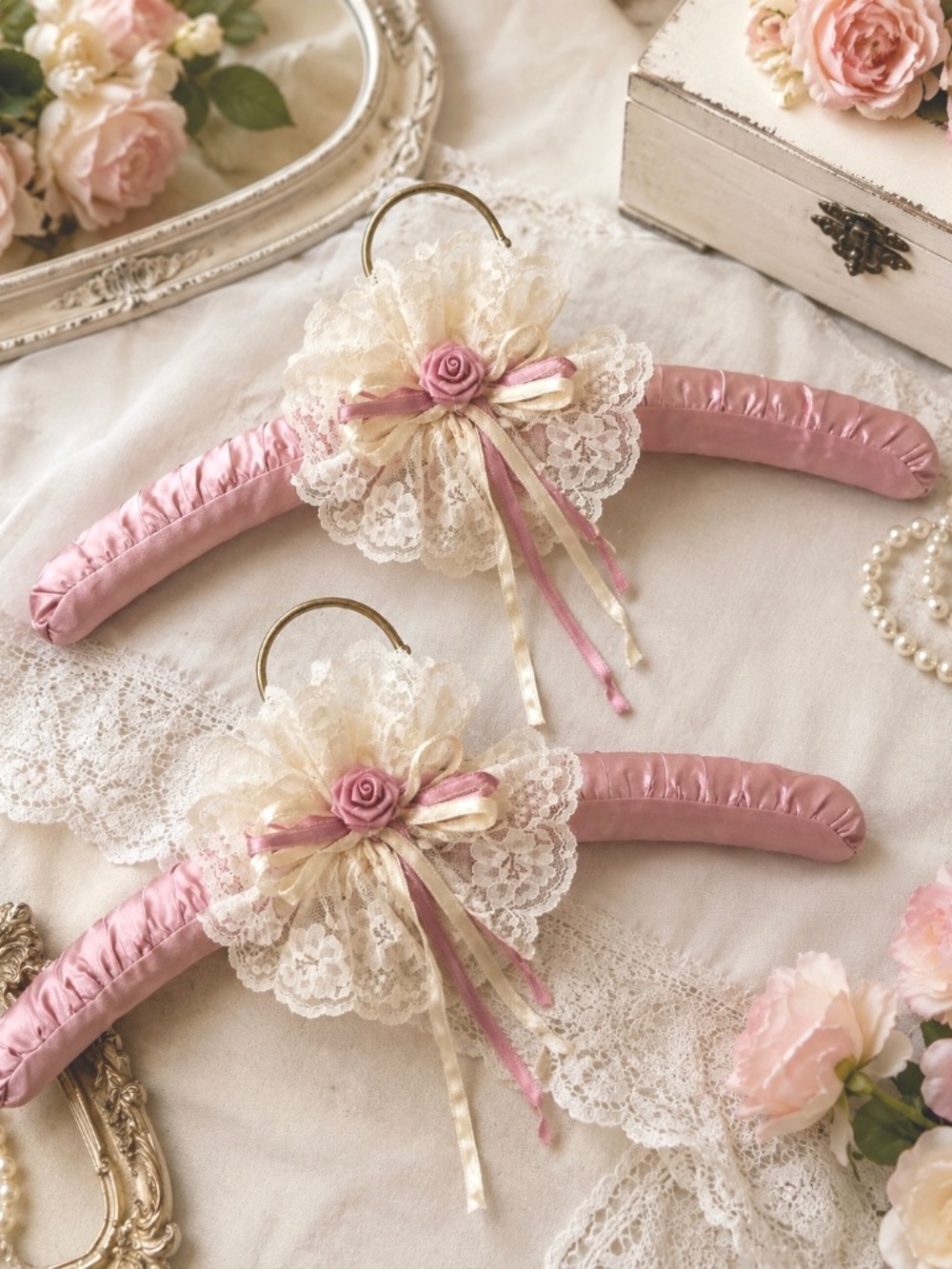 Pink Satin Lace Embellished Padded Hangers Set of 2 Vintage 70s Coquette Regency
